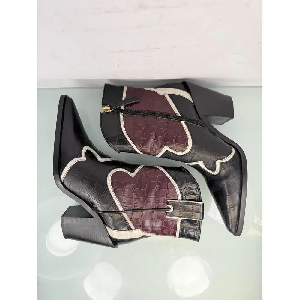 Zara Croc Embossed Western Ankle Boots Black Re Leather Pointed Toe EU 36 US 6